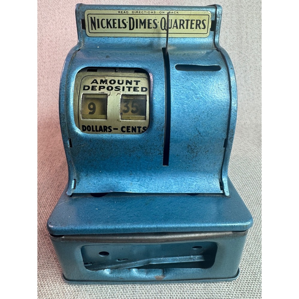 Vtg Durable Toy Novelty 5 Coin Cash Register Bank Blue Metal Repair Prop Parts